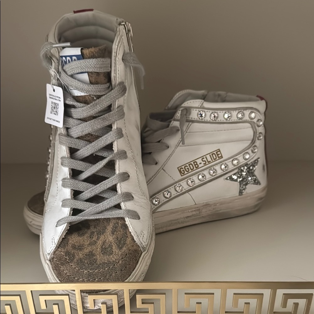 Golden Goose White and Gray Sneakers with Distressed Design & Swarovski Crystals